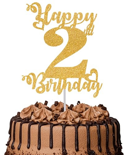 1Pc Happy 2nd Birthday Cake Topper Glitter Cheers to 2 Years Cake Topper 2 Fabulous Cake Decoration for Happy 2nd Birthday Party Cake Decorations Supplies Gold