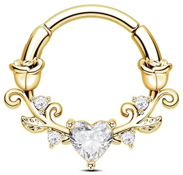 CM Crareesi Mania Rose Septum Piercing Jewellery Gold Septum Rings Clicker 16g Daith Piercing Jewellery Stainless Steel 8mm/10mm Daith Helix Earrings with Heart CZ for Women