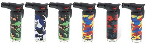 DISPAU Soplete De Cocina Militar, Profesional Antorcha Butano Encendedor Mechero, Recargable, con Bloqueo de Seguridad & Llama Ajustable para barbacóa Crema Cámping (Gas precargado) (Pack x 6)