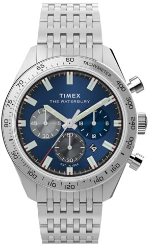 Timex Waterbury TW2Y18500VQ Traditioneller Chronograph mit Tachymeter, 41 mm, Silber, Kleid