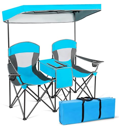 KOTEK Double Camping Chair with Canopy, 2-Person Canopy Chair with Mini Table Cup Holder, Cooler Bag & Carry Bag, Outdoor Folding Chairs for Beach, Lawn, Sports and Outside Activities (Blue)
