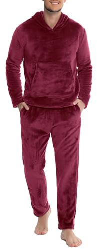 Lovasy Pigiama Pile Uomo Caldo con Cappuccio Pigiami Due Pezzi Invernale | Comodo Pigiama Lungo Completo Casual per Casa con Tasche S-XXL