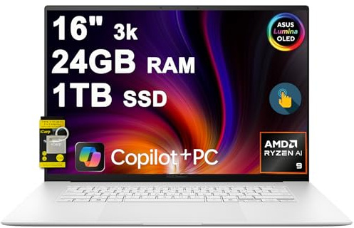 ASUS Zenbook S 16 Laptop 16 3k OLED 120Hz Touch (100% DCI-P3, 500nits HDR) AMD 10-core Ryzen AI 9 365 (Up to 50 Tops) 24GB RAM 1TB SSD for Creator Business Professional Win11 ICP Hub w/Copilot+ AI