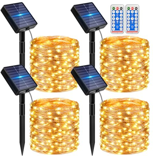 kolpop 4 Stück Solar Lichterkette Aussen mit Fernbedienung,12M 120LED 8 Modi Solarlichterkette Außen Wetterfest,Wasserdicht Kupferdraht Lichterkette Outdoor für Garten Terrasse Baum Balkon Party Deko