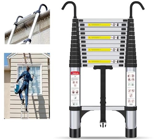 Wolec Teleskopleiter, 4,5 m, Aluminium, tragbare Verlängerungsleiter mit Haken, strapazierfähig, max. Tragkraft, 150 kg Tragkraft, zusammenklappbare Teleskopleiter für Wohnmobil, Dach, Dachboden