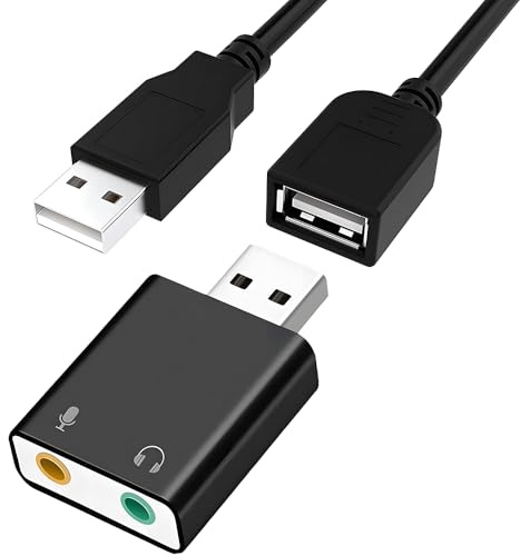 USB to 3.5mm Jack External Sound Card Audio Adapter with 3.5mm Speaker-Headphone and Microphone Jack,External Stereo Sound Card to Any PC, Aluminum,with USB Male to Female Extension Cable(Black)