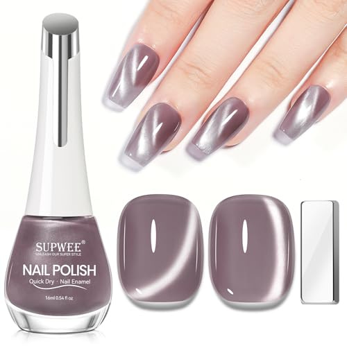 SUPWEE Quick Dry Magnetic Nail Polish Non Gel, 16ml Cat Eye Nail Polish | Magnet Shimmer High Glossy Air Fast Dry Nails Varnish Art Design Manicure Salon DIY Home Light Gray Purple