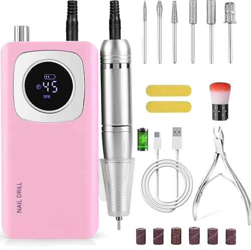LJEC Nail Drill 45000 RPM, Rechargeable Professional Nail Drill Machine,Portable Electric Nail File for Acrylic and Gel Nails, Cordless E File Manicure Pedicure Kit for Home Salon, Pink