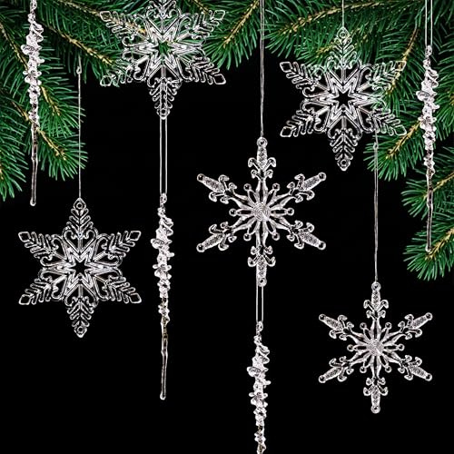FloraVigo Weihnachtsschmuck, 24-teiliges Set aus Acryl-Weihnachtsbaumschmuck in Form von Schneeflocken und Eiszapfen, geeignet für Weihnachts- und Winterdekorationen