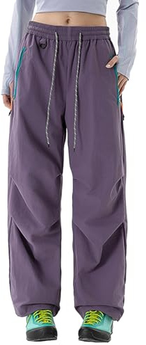 FEOYA Women Hiking Trousers Baggy Waterproof Quick-Dry Parachute Cargo Pants with Zipper Pockets for Outdoor Purple M