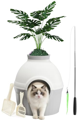 Mondeer Katzenklo Blumentopf mit Pflanze & 2 Schaufeln, Versteckte Katzentoilette XXL mit verstellbares Katzenspielzeug, für Wohnzimmer Schlafzimmer Ecke, Grau