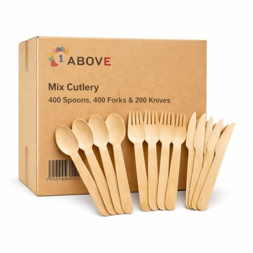 1000 Pack Wooden Cutlery Set – Biodegradable Birch Wood Spoons, Forks & Knives (400 Spoons, 400 Forks, 200 Knives) – Eco Friendly Disposable Utensils for Parties, BBQ, Catering, Picnic & Wedding