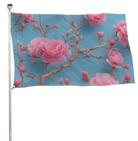 Gartenflaggen mit rosa Rosen auf blauer Flagge, 90 x 150 cm, Dekoration für Innenhof, Veranda, Rasen, Bauernhaus