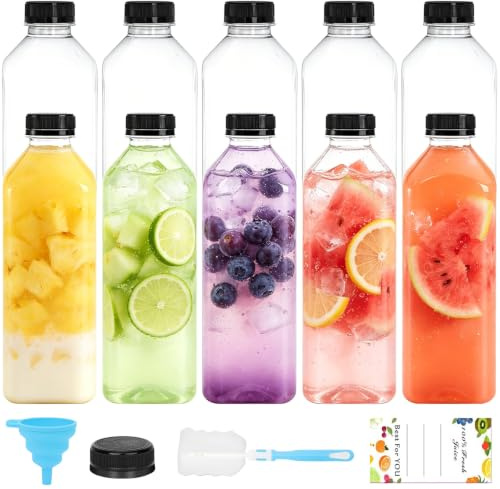 10 Pack 1000 ml Square Clear PET Plastic Juice Bottles with Black Lids | 34 oz Plastic Bottles, Reusable, for Juice, Milk, Smoothie, Homemade Beverages,Waters.Include Labels,Brush & Funnel