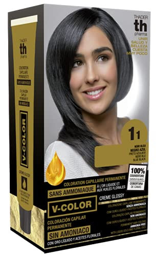 Thader Th Pharma V-Color Kit de Tinte permanente Sin Amoniaco con Oro Líquido 100% Cobertura de canas, 120 ml (No. 1.1 Negro azul)