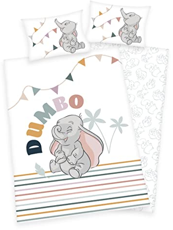 Arle-Living 3 TLG. Baby Bettwäsche Wende Motiv: Dumbo - 100x135 cm + 40x60 cm + 1 Spannbettlaken in weiß 70x140 cm (Dumbo, Flanell)