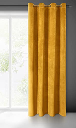 Eurofirany Villa Vorhang Samt Velvet Weich 10 Ösen-1 Stk. Edel Gardine Dick 290 g/m2 Elegant Glatt Einfarbig Flauschig Modern Klassisch Wohnzimmer Schlafzimmer Lounge, Senf, 140x250cm