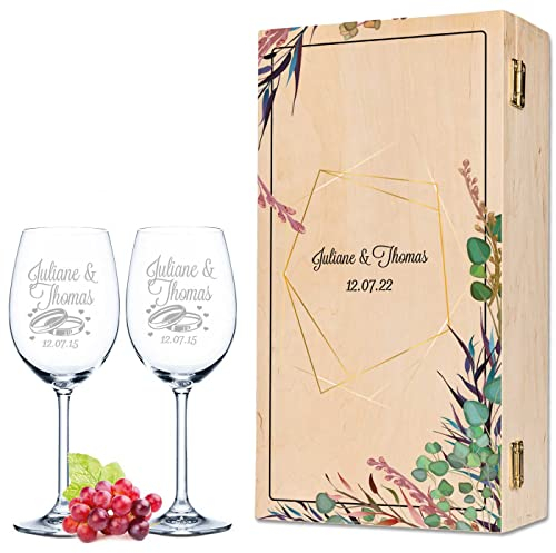 GRAVURZEILE Leonardo Verres à vin avec gravure - Design Flower Polygon - Personnalisables avec nom et date - Cadeau de mariage et fiançailles - Avec boîte en bois imprimée - Couleur petite caisse UV