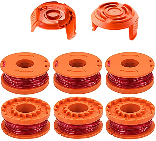 ZAMDOE WA0010 Bobina di Ricambio per Filo per Worx WG180 WG163 WG175 tagliabordi Elettrico, Alimentazione Automatica, 3 m / 10 Piedi 1,65 mm / 0,065 (6 Bobine, 2 Cappucci)