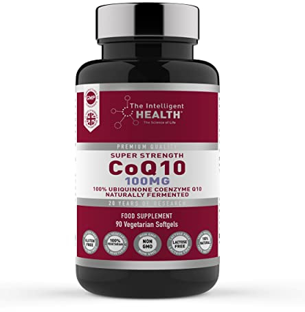 Ubiquinone Co Enzyme Q10 Softgel Capsules, Super Strength Vegan Friendly Naturally Fermented High Absorption CoQ10 Capsules Made in The UK to GMP Standards - The Intelligent Health (90 Count, 100 mg)