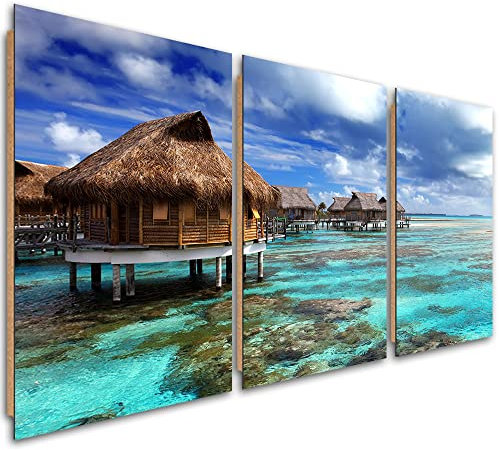 Feeby 3 parti Quadro 60x30 cm Nuvole Mare Cielo Spiaggia Stampa in Qualita Fotografica Moderna Pronta Per Essere Appesa Isola esotica Cottage su palafitte Tropici blu