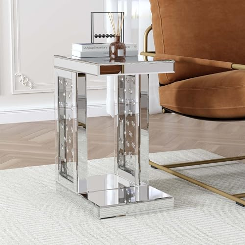 blingworld Mesa auxiliar en forma de C con espejo plateado con cristales transparentes para espacios pequeños, sofá y sala de estar, dormitorio