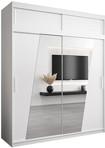 MEBLE KRYSPOL Rhomb200 Schlafzimmerschrank mit Zwei Schiebetüren, Spiegel, Kleiderstange und Regalen – 200x240x62cm - Mattweiß mit Verlängerung