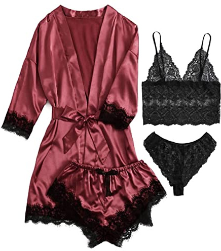 iSpchen 4-teiliges Schlafanzug Damen Lang Pyjama Set Nachtwäsche Sexy Spitzen Unterwäsche Kurze Hose Nachthemd Frühling Sommer Herbst Morgenmantel weich Nachtwäsche Shorts