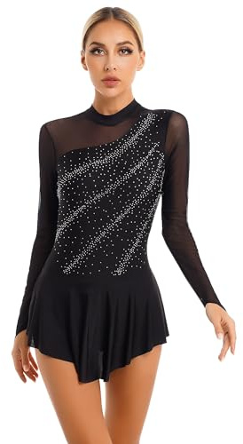 Nyeemya Vestido de Patinaje Artistico Leotardos Danza Maillot con Falda Ballet Mujer Vestido Gimnasia Ritmica de Manga Larga Maillot Competición Disfraz de Bailarina Negro A S