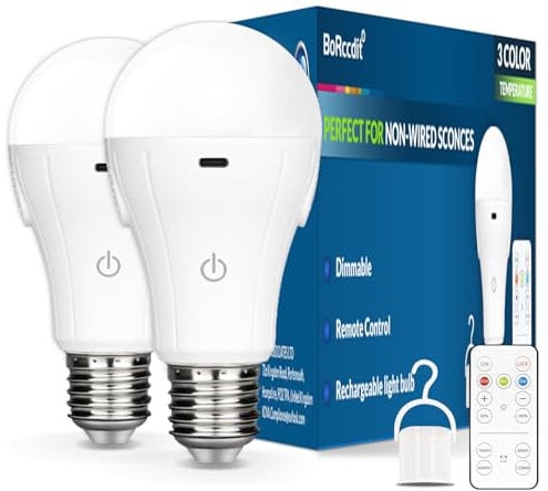 BoRccdit CordlessGlow 15W A19 Rechargeable Light Bulbs with Remote, 3 Color Temperatures + Dimmable Battery Powered Light Bulbs,up to 24 Hours 2 Packs