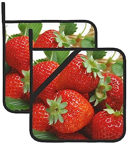 Topflappen mit Früchten, Erdbeeren, bedruckt, mit Taschen und rutschfesten, hitzebeständigen Topflappen, zum Kochen, Backen, 20,3 cm, 2 Stück