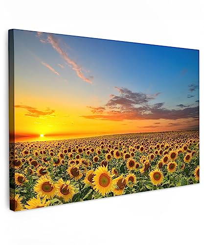 MuchoWow© Bild auf Leinwand Groß 120x80 cm XXL Schlafzimmer Bilder Wand Deko Wohnzimmer Modern Wanddeko Bilderwand Geschenk Natur - Blumen - Sonnenblume - Sonnenuntergang - Nacht - Orange