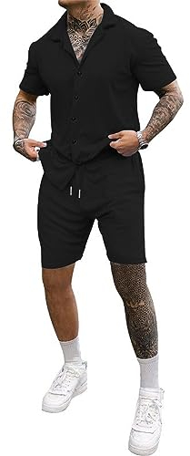 Herren Sommer Sportanzug 2 Teiliges Outfit Sport Set Kurzarm T-Shirts Kurze Hose Männer Business Polo Hemd Mit Revers Mode Sporthose Freizeitanzug B-Black XXL