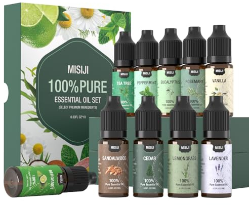 MISIJI Aceites Esenciales Set 10 Esencias-Aceites Esenciales para Difusor para el Hogar,Aceites Esenciales para Aromaterapia,Lavandería,Fabricación de Velas y Jabón,Humidificadores 10ML/10 Pack
