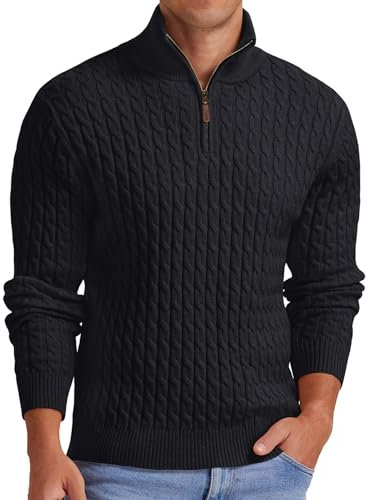 Askdeer Men's Quarter Zip Pullover Sweater Cable Knit Mock Neck Polo Sweater Classic Casual Sweater with Ribbing Edge, A01 Black, Medium
