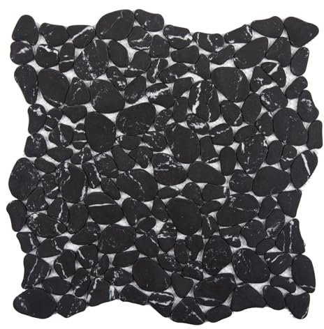 Diflart Kieselsteinfliese für Duschboden, schwarze Marmoradern, 10 Blatt, geschnittener Kieselsteinrückwand für Küche, Badezimmer, Wand und Bodenfliese