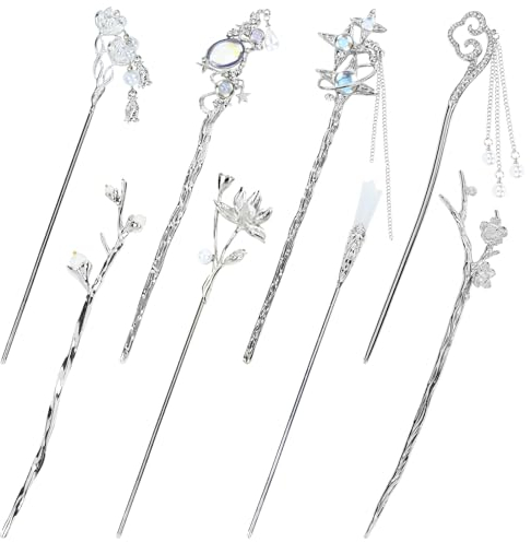 inSowni 8 Pieces Decorative Retro Crystal Pearl Silver Hair Sticks Pins with Pendants Asian Chinese Hanfu Cloud Star Lotus Flower Hair Forks Chopsticks Bun Updo Holders Long Hairpins for Women Girls