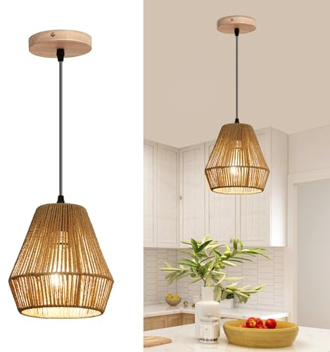 KMaiPem Boho Rattan Kronleuchter, 1 Licht Modern Handgewebte Klein Holz Hängelampe, Natürlich Rustikal Bauernhaus Vintage Pendelleuchte für Esstisch, Wohnzimmer, Schlafzimmer, Küche