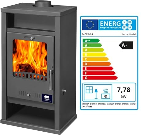 Kamin Ofen Kaminofen Anthrazit 130mm Rauchrohr 7,8 KW BimSchV 1-2 EEK A Assos