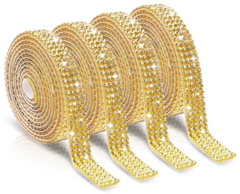 Telooco 4 Rouleaux Ruban Adhésif Strass Autocollant Paillettes Cristal Bande Ruban de Strass Autocollant pour Bricolage Artisanat Miroirs Vêtements (4 Rangées de 1 Yard, Or)