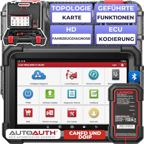 LAUNCH X431 PRO3 APEX OBD2 Diagnosegerät, Kfz-Scan-Tool für Mechaniker Online-Codierung, Topologiekarte, CAN FD & DoIP, 50+ Dienste, All-System-Diagnose, Leitfaden-Funktionen, FCA und Renault SGW