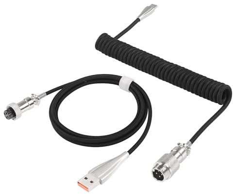 SinLoon Coiled Keyboard Cable for Gaming Keyboard, Coiled Aviator Keyboard Cables Type-C to USB A Cable with Detachable Aviator Connector, Double-Sleeved Mechanical Keyboard Wire (Black)