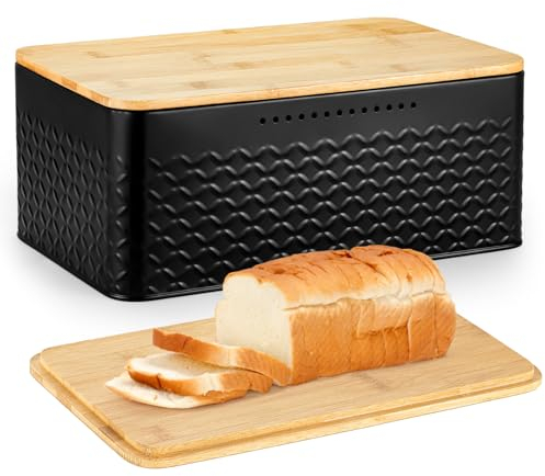 Esilihom Bread Bin, Metal Bread Box with Bamboo Lid Usable as Cutting Board, Large Bread Bin food Storage, for Kitchen Countertop Organizer (Black)