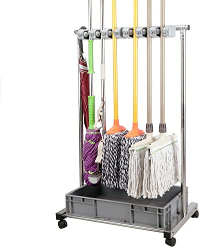 Floor-Mounted Rack Broom and Mop Holder Movable Closet Cabinet Mobile Tool Corner Workshop Space for Garden Garage Organizer Commercial