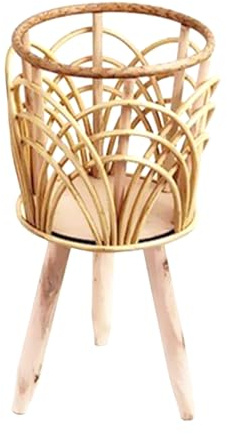 AONYAYBM Handmade Rattan Woven Plant Pot, Boho Plant Stand, Rustic Rattan Basket Flower Pot Plant Stand with Wooden Legs, Flower Plant Holder Container for Living Room Balcony Decor(S)