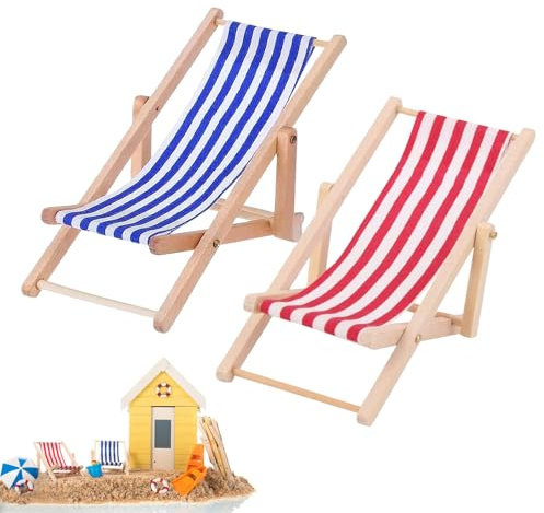Strand Mikrolandschaft,Miniliegestuhl,2 Stück Strand Deko Miniatur,Miniatur-Strandstuhl,Mini Liegestuhl Deko Klein,Hölzerner Mini Deko Liegestuhl,für DIY Garten Dekoration