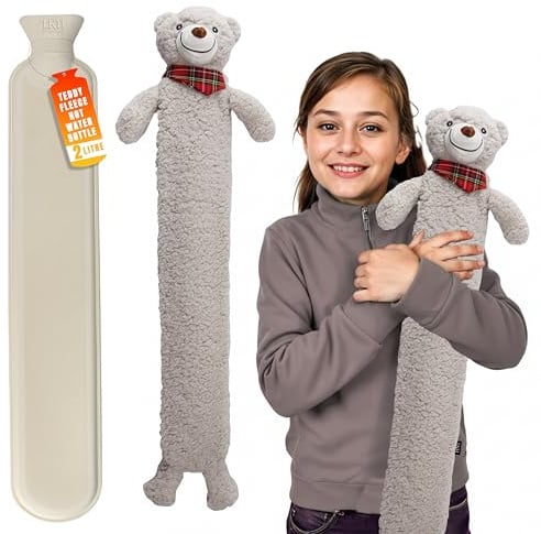 LKH Long Hot Water Bottle with Cover UK - 2L Long Natural Rubber Hot Water Bottle with Removable, Washable Sherpa Cover, Anti-Leak Stopper & Double Ribbed | Perfect for Staying Warm for Hours