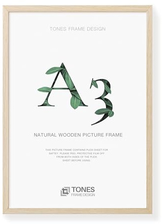 TONES FRAME DESIGN A3 Photo Frame Natural Oak Wooden Picture Frame | 29.7x42cm Frame Shatter-Resistant Plexiglass Wall Frame for Portrait or Landscape Posters Maps Drawings Art Prints Home Decor