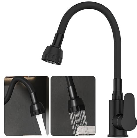 Grifo Cocina Negro, Grifo Fregadero Negro, Grifo Flexible Negro - Flexible y Giratorio 360º, cuerpo acero inoxidable grado 304 y 2 Modos de dispensacion de agua, Antihuellas de Fácil Instalación