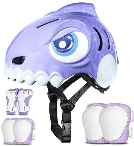 FUNWICT Casco Bicicleta Niño 3D Animados Casco Bici para Niños y Niñas de 3-8 Años Ajustable Casco Bici Bebe con Juego Protectores para Bicicleta, Patinete y Skateboard (Morado Set, S: 50-54 cm)